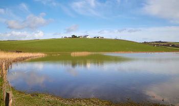 Lake hill reflection This landscape photograph, taken in late morning during the spring, captures Lake Hill and its clear reflection in the calm waters of a lake in Devon, England, United Kingdom. The image shows a gently sloping grassy hill with a few farm buildings near the crest, while the blue sky and scattered clouds are mirrored on the water's surface, emphasizing the tranquil reflection. In the background, the rural character of Devon is evident, highlighted by open fields and scattered livestock along the lake's edge. The photograph provides a vivid example of England's countryside scenery through a landscape composition, with Lake Hill serving as the central subject and the reflection in the lake adding depth to the scene.